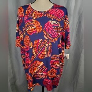 NWT Lularoe Irma, pink/orange/yellow roses on blue background, size XS